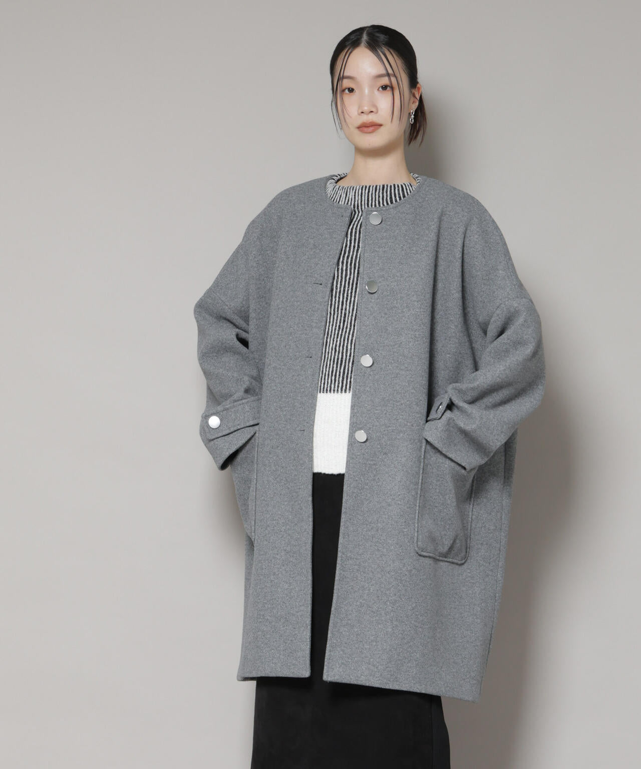 ノーカラー コクーン ミドルコート