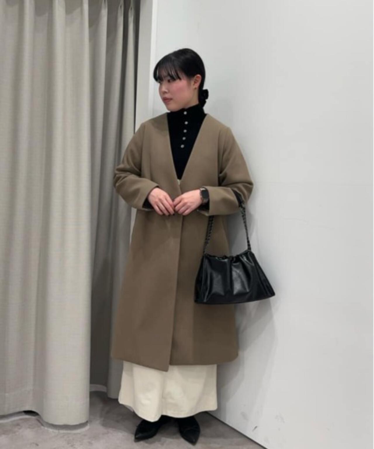 ナノユニバース　vネックノーカラーコート　モカ　ロングコート Vネック ノーカラー コート