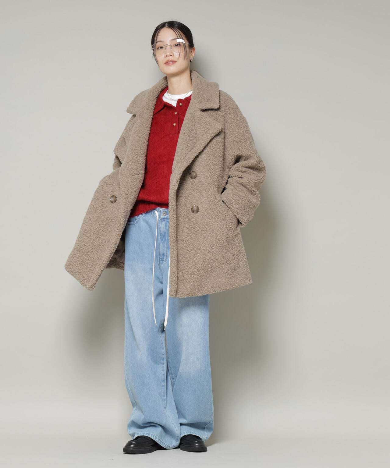 ボア ワイド ダブルボタン コート