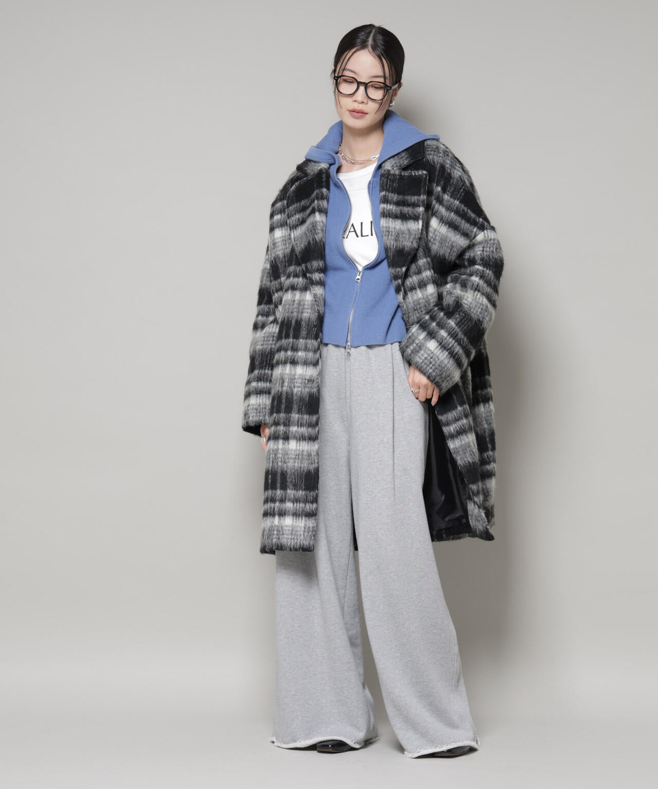 シャギー チェック コート