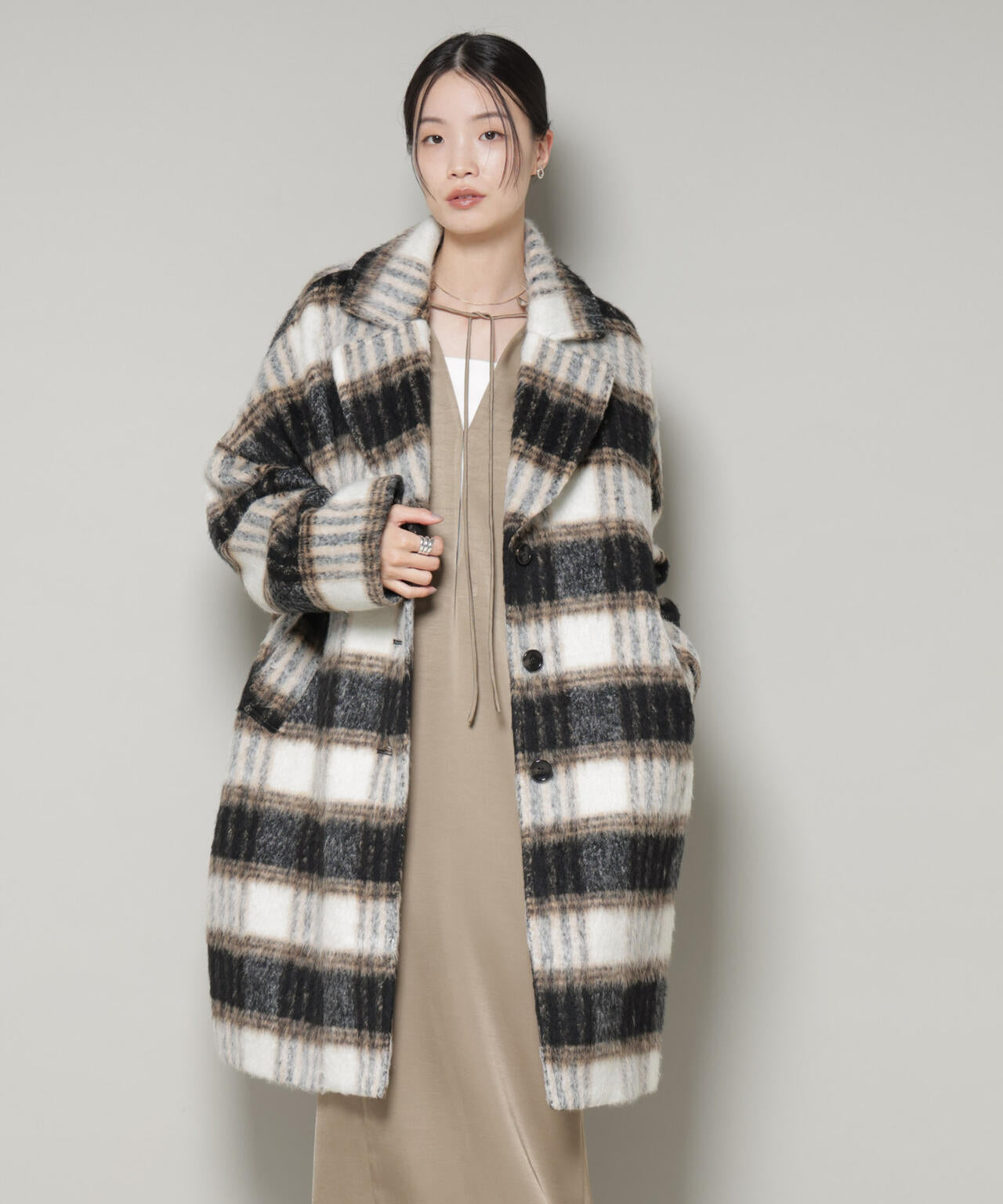 シャギー チェック コート