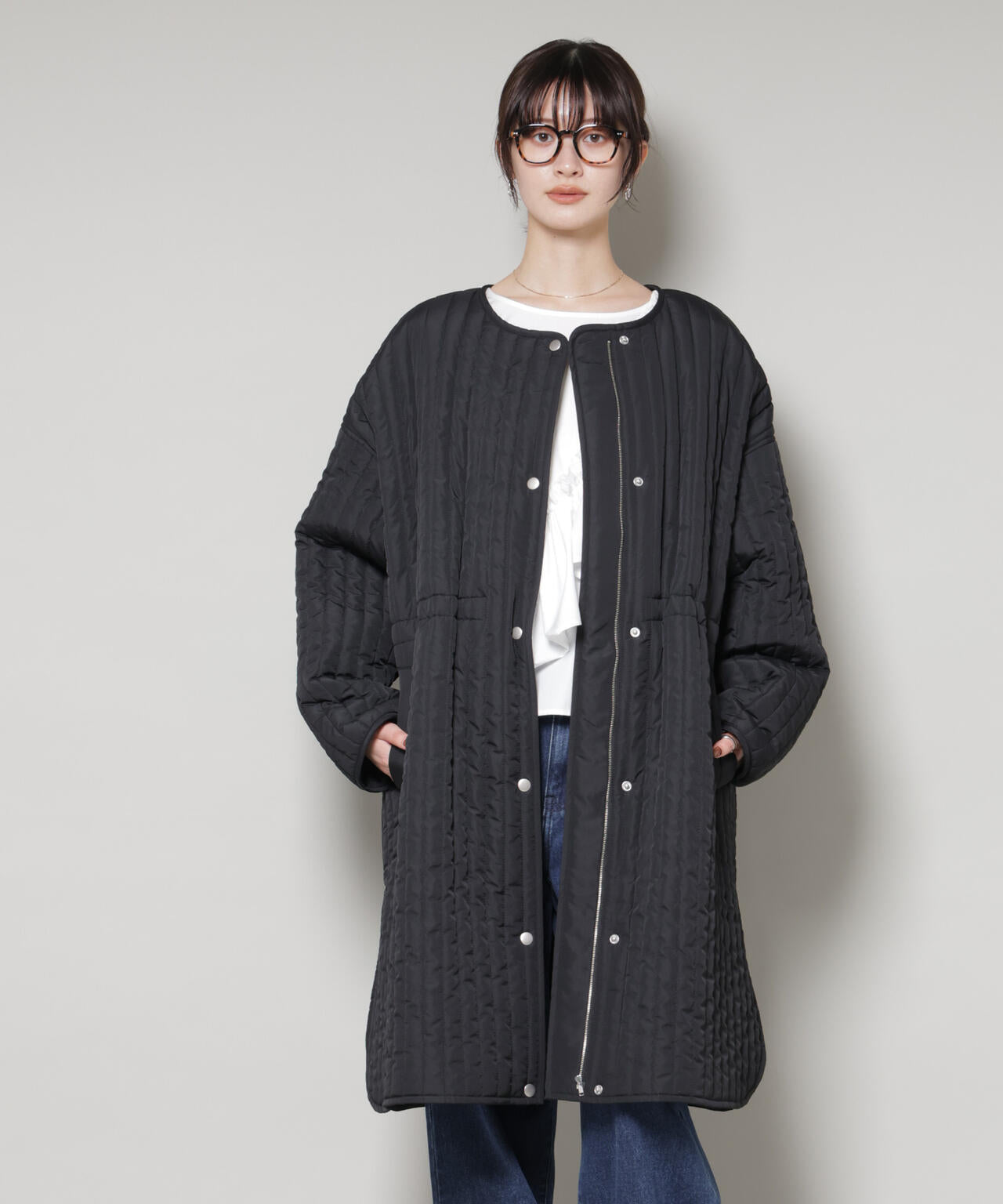 ナノユニバース（NANO universe）/撥水加工 中綿キルティングウエストドロストノーカラーコート 撥水加工 中綿 キルティング ウエストドロスト ノーカラーコート