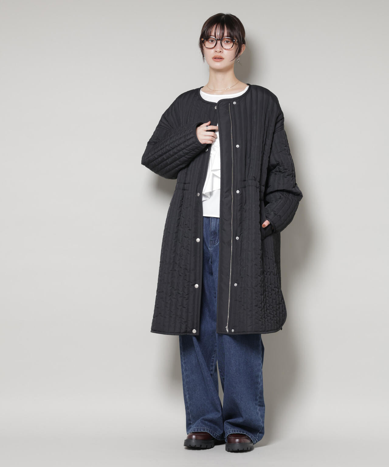 撥水加工 中綿 キルティング ウエストドロスト ノーカラーコート