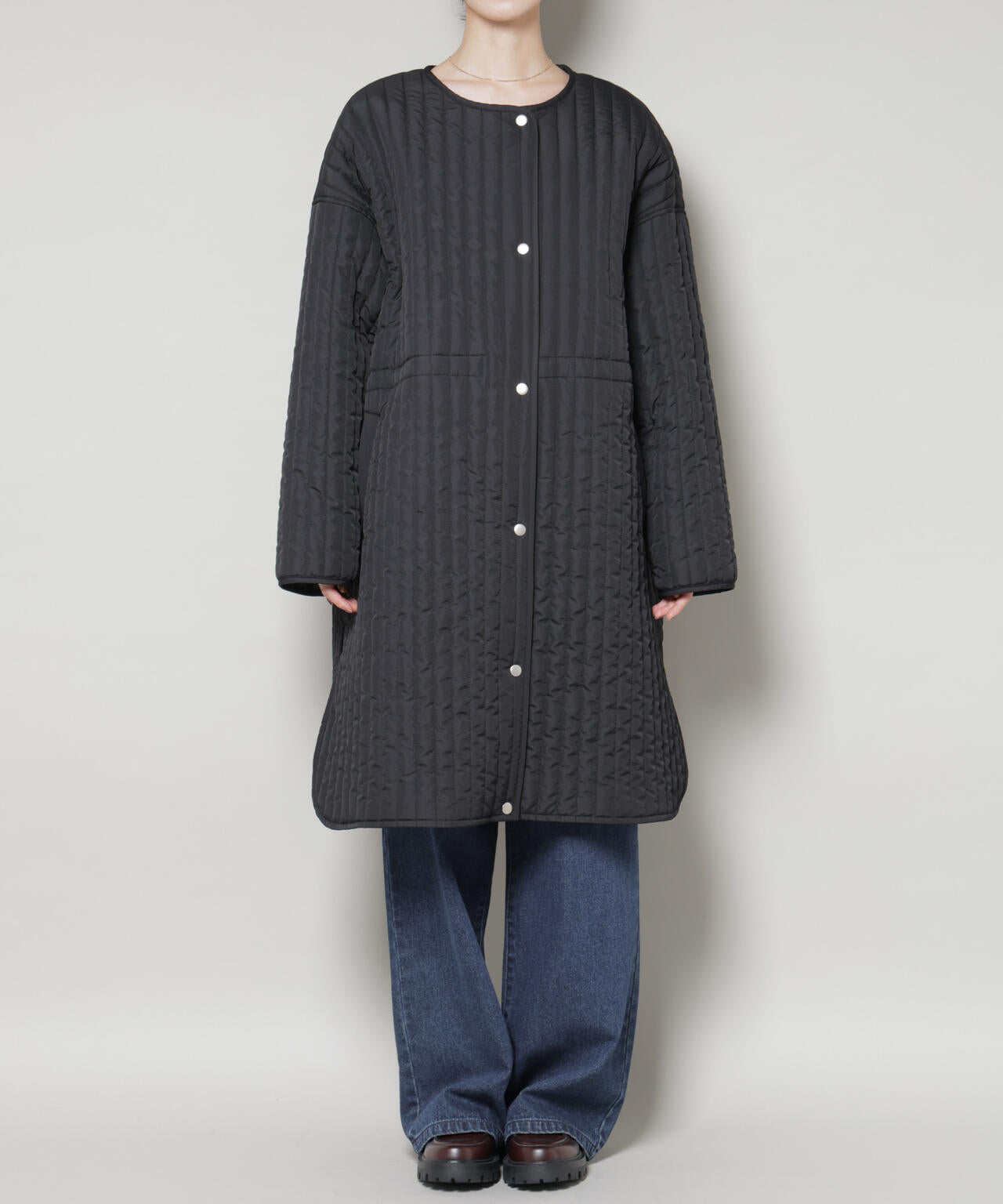 撥水加工 中綿 キルティング ウエストドロスト ノーカラーコート