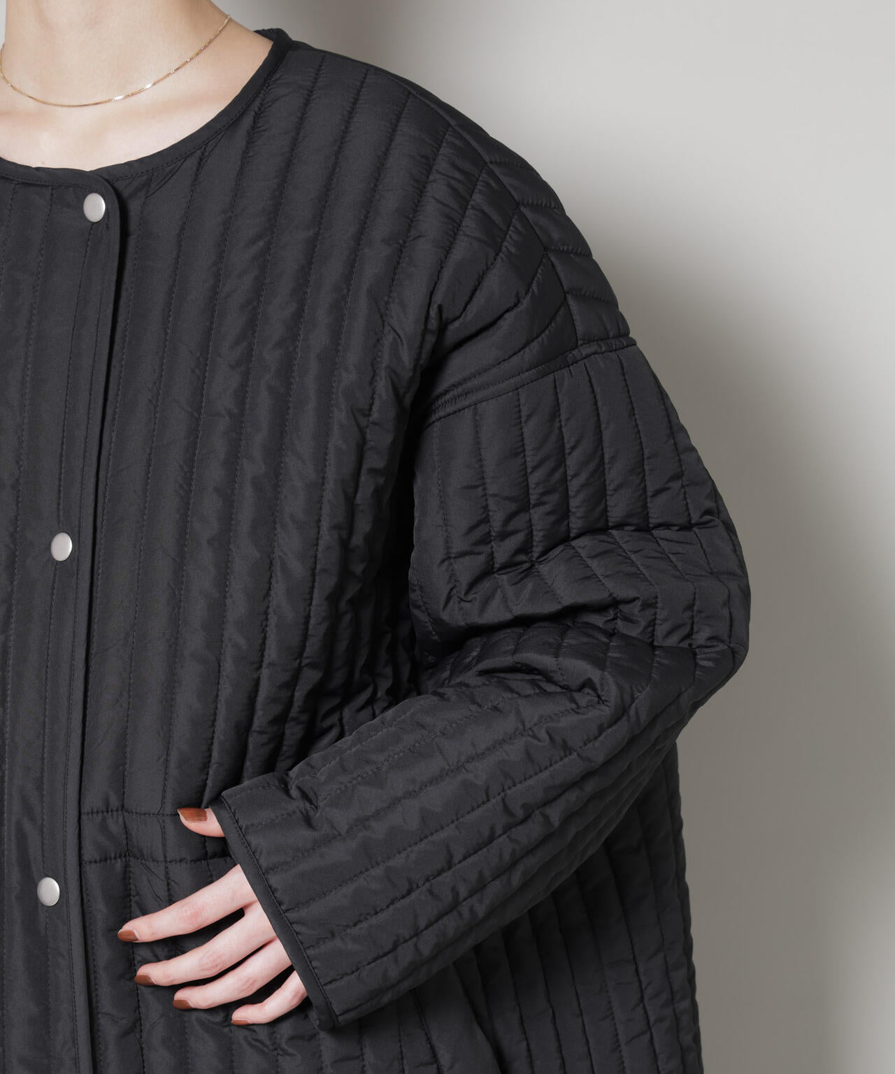 撥水加工 中綿キルティングウエストドロストノーカラーコート 6735211312