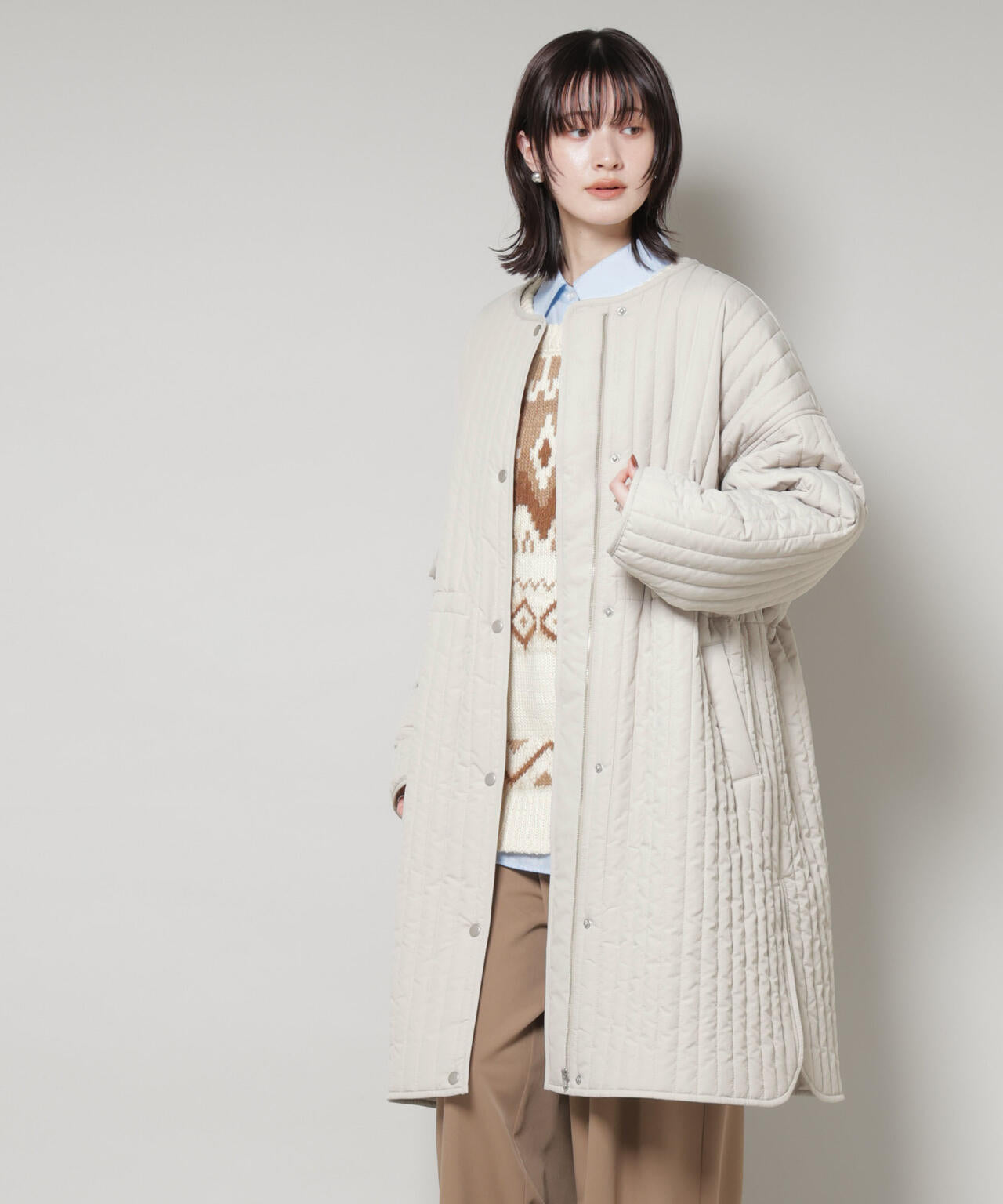 撥水加工 中綿 キルティング ウエストドロスト ノーカラーコート