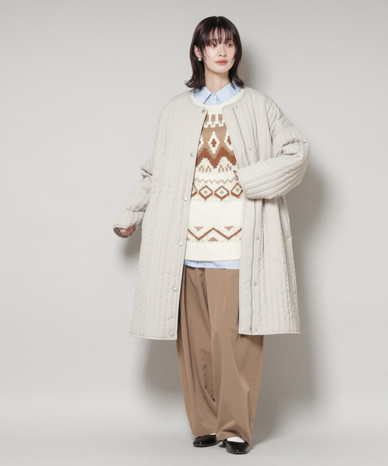 撥水加工 中綿 キルティング ウエストドロスト ノーカラーコート