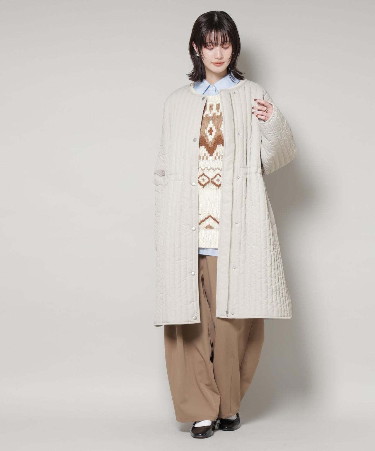 撥水加工 中綿 キルティング ウエストドロスト ノーカラーコート