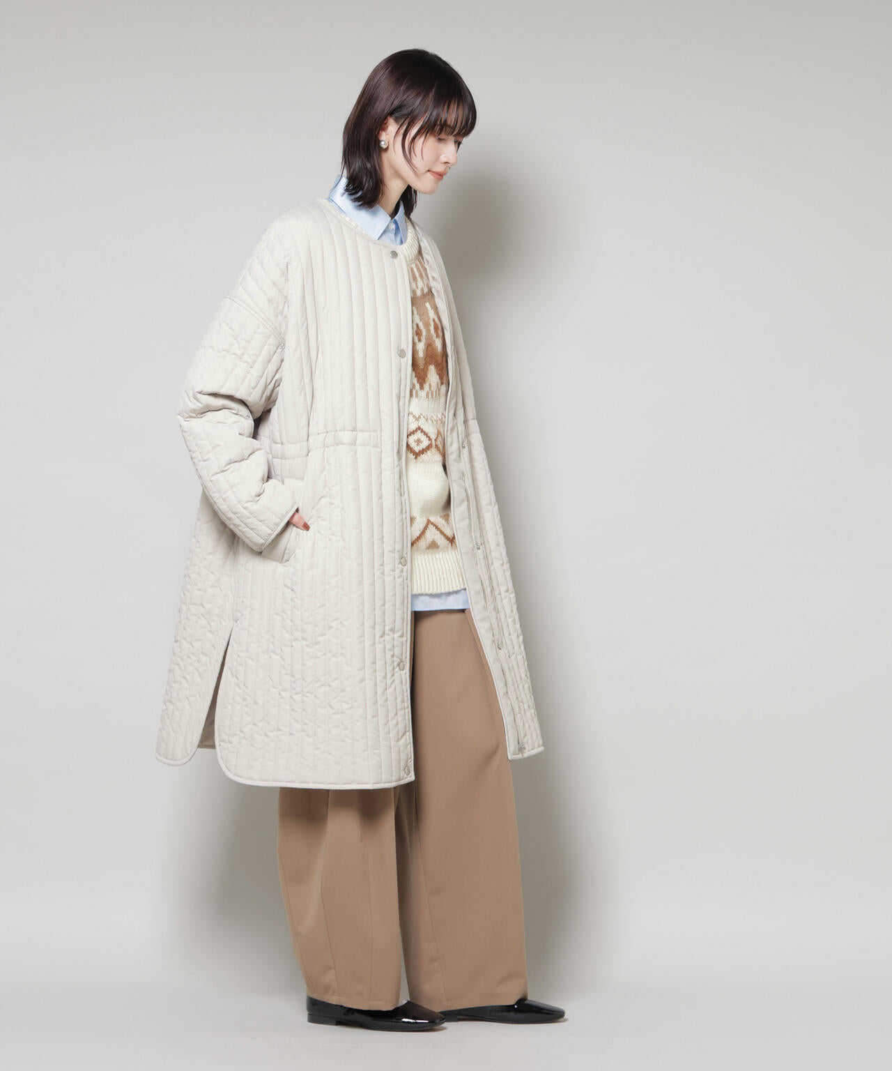 撥水加工 中綿キルティングウエストドロストノーカラーコート 6735211312