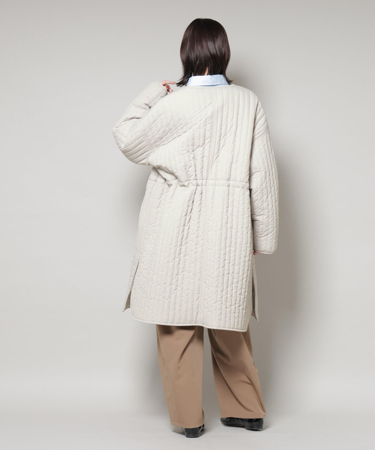 撥水加工 中綿キルティングウエストドロストノーカラーコート 6735211312