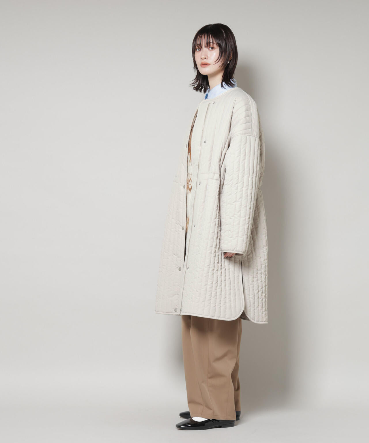 撥水加工 中綿キルティングウエストドロストノーカラーコート 6735211312