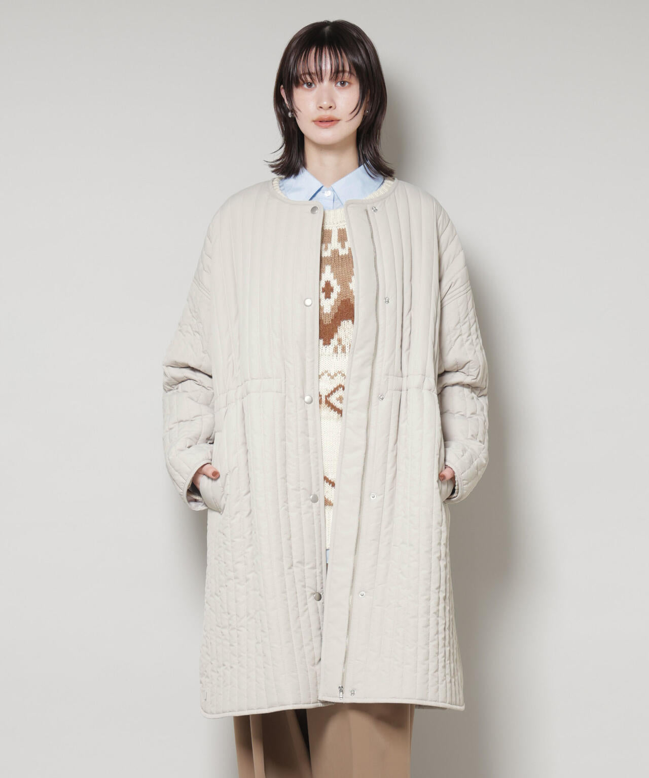 撥水加工 中綿キルティングウエストドロストノーカラーコート 6735211312