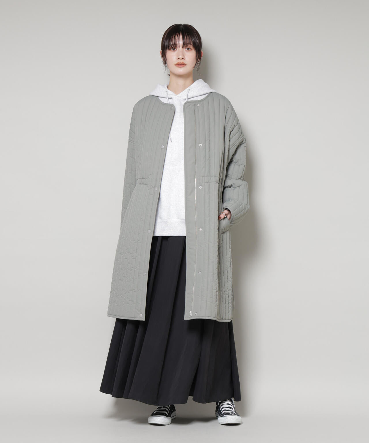 撥水加工 中綿 キルティング ウエストドロスト ノーカラーコート