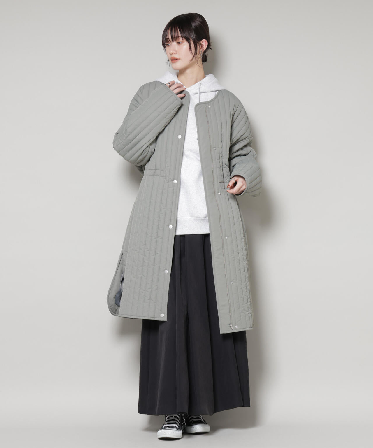 撥水加工 中綿キルティングウエストドロストノーカラーコート 6735211312