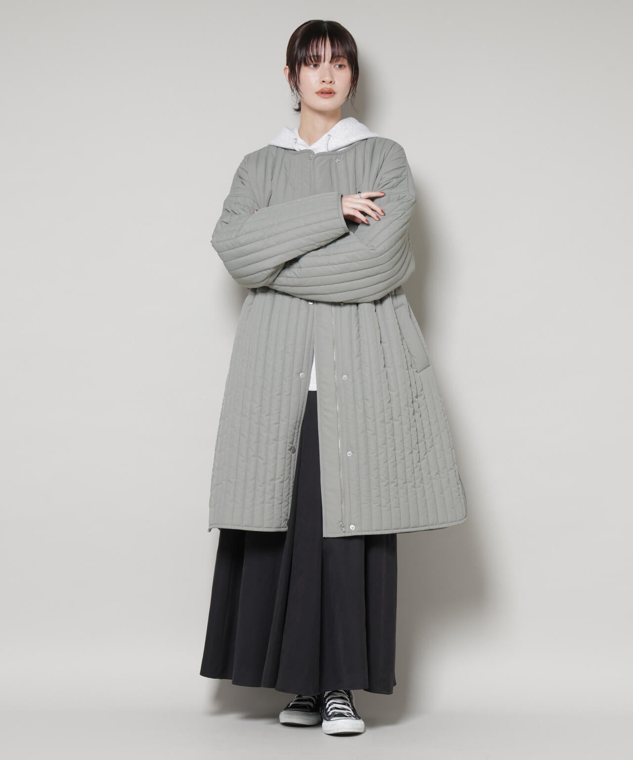 撥水加工 中綿 キルティング ウエストドロスト ノーカラーコート