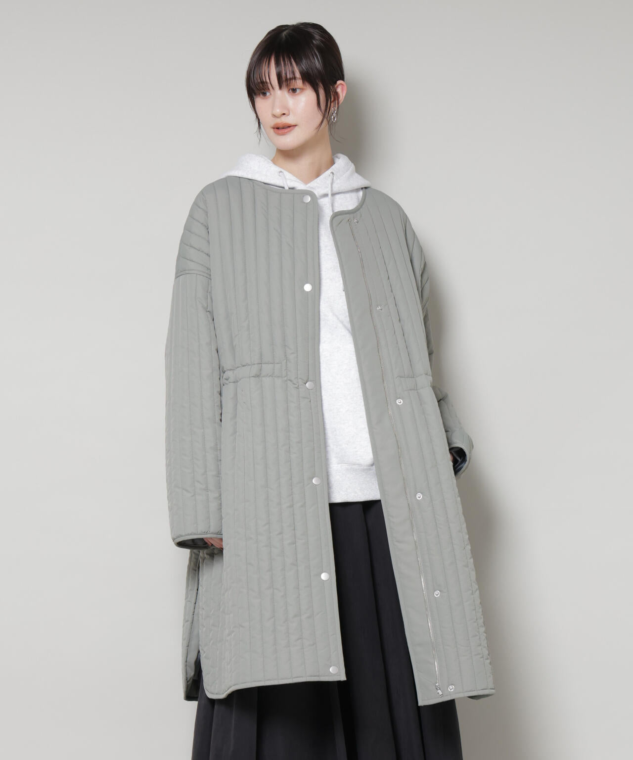 撥水加工 中綿キルティングウエストドロストノーカラーコート 6735211312