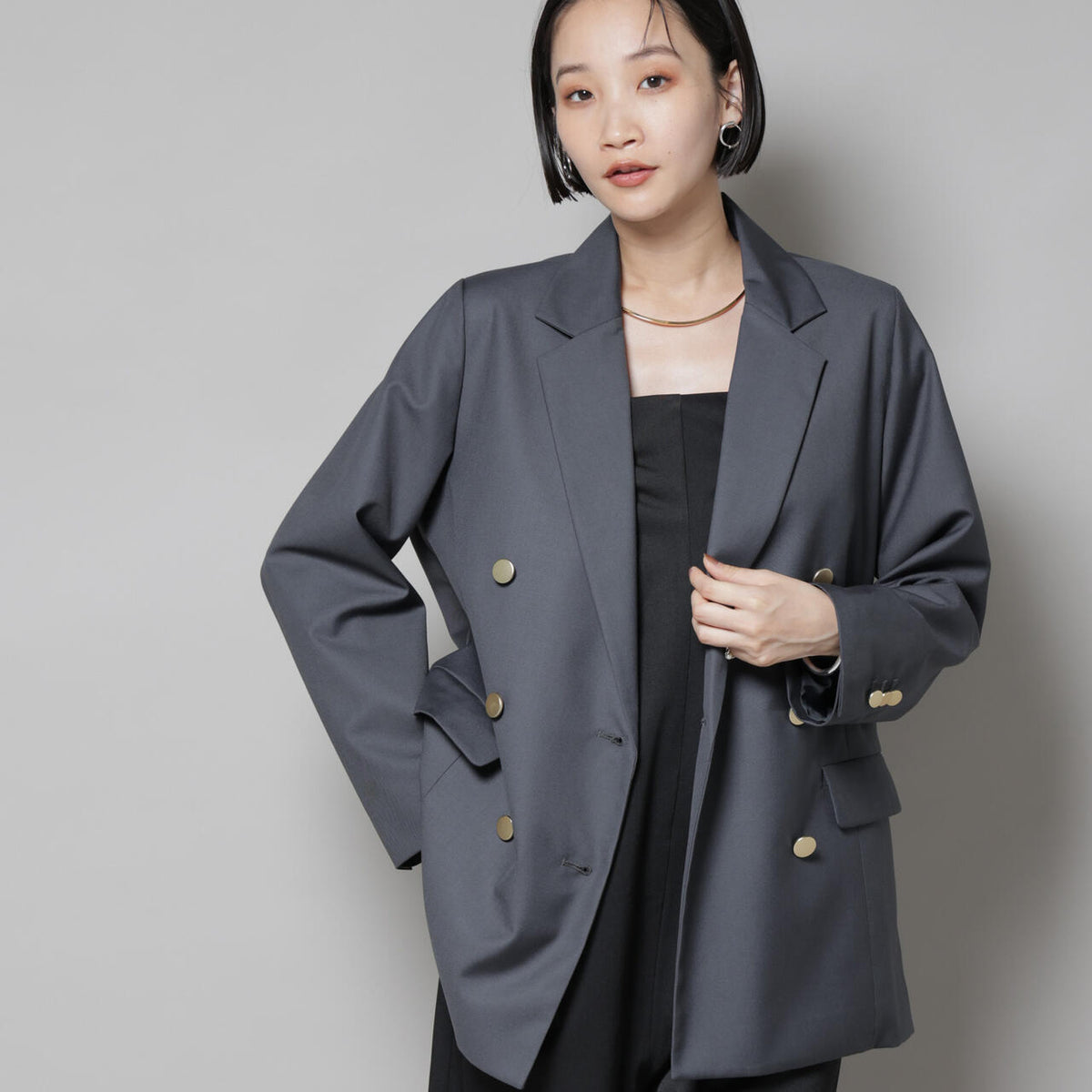 nano カジュアル ダブルブレスト針抜きニットジャケット チャコールSサイズ