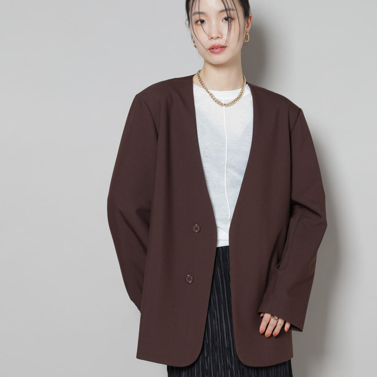 【極美品】ADORE ノーカラードロップショルダージャケット Mサイズ カラーレス ワイドショルダー ジャケット ( セットアップ 可)