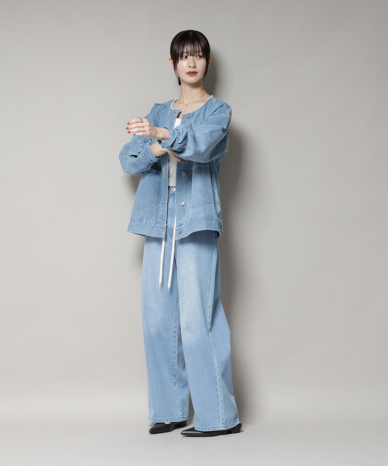 ノーカラー デニム ジャケット