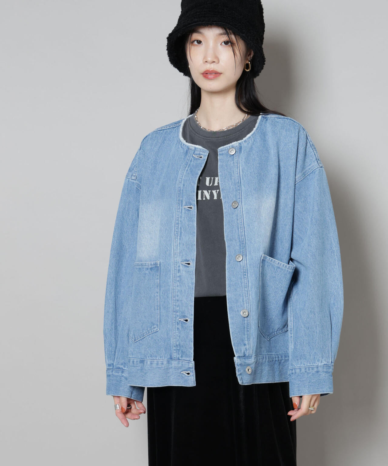 ノーカラー デニム ジャケット