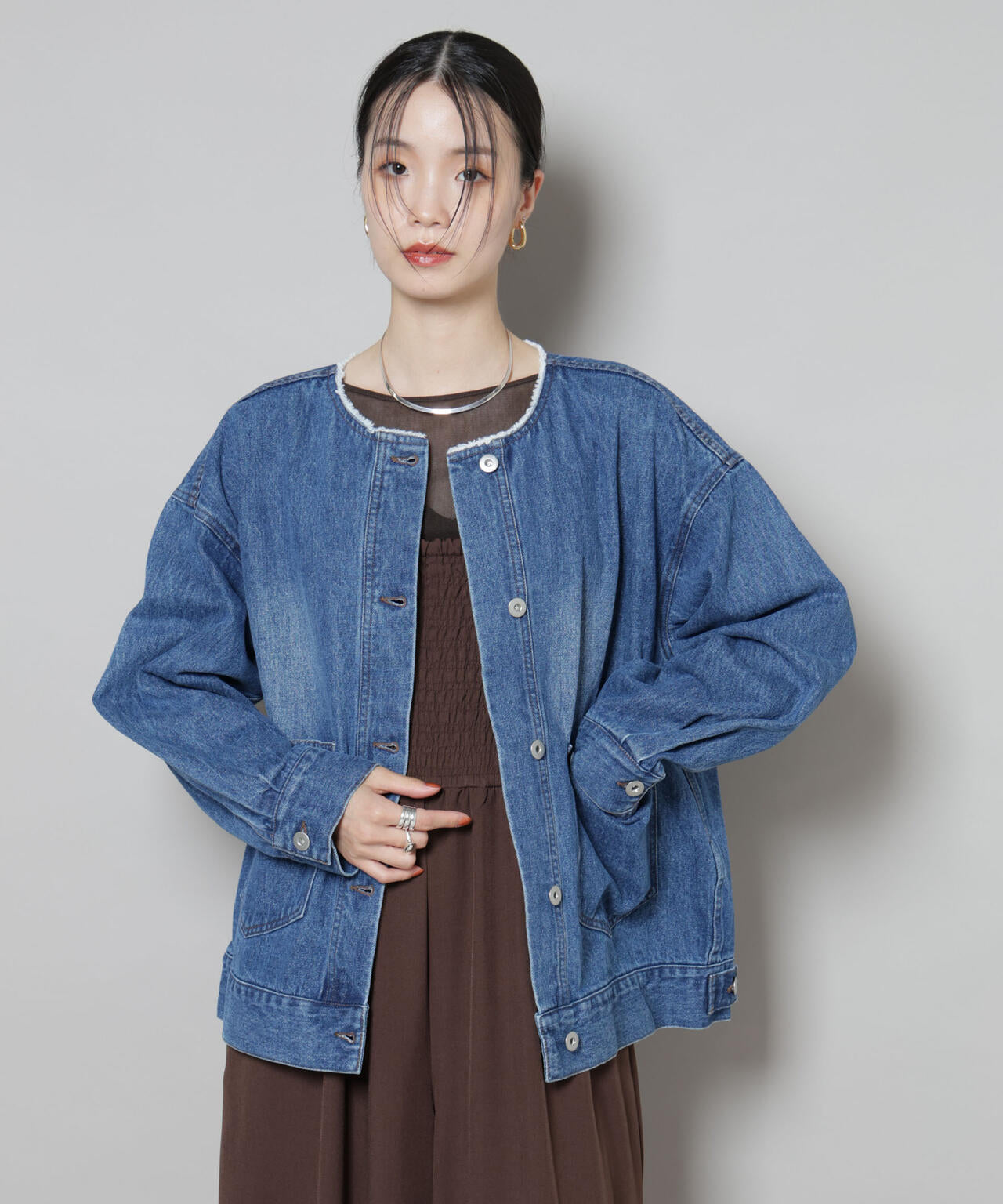 ノーカラー デニム ジャケット
