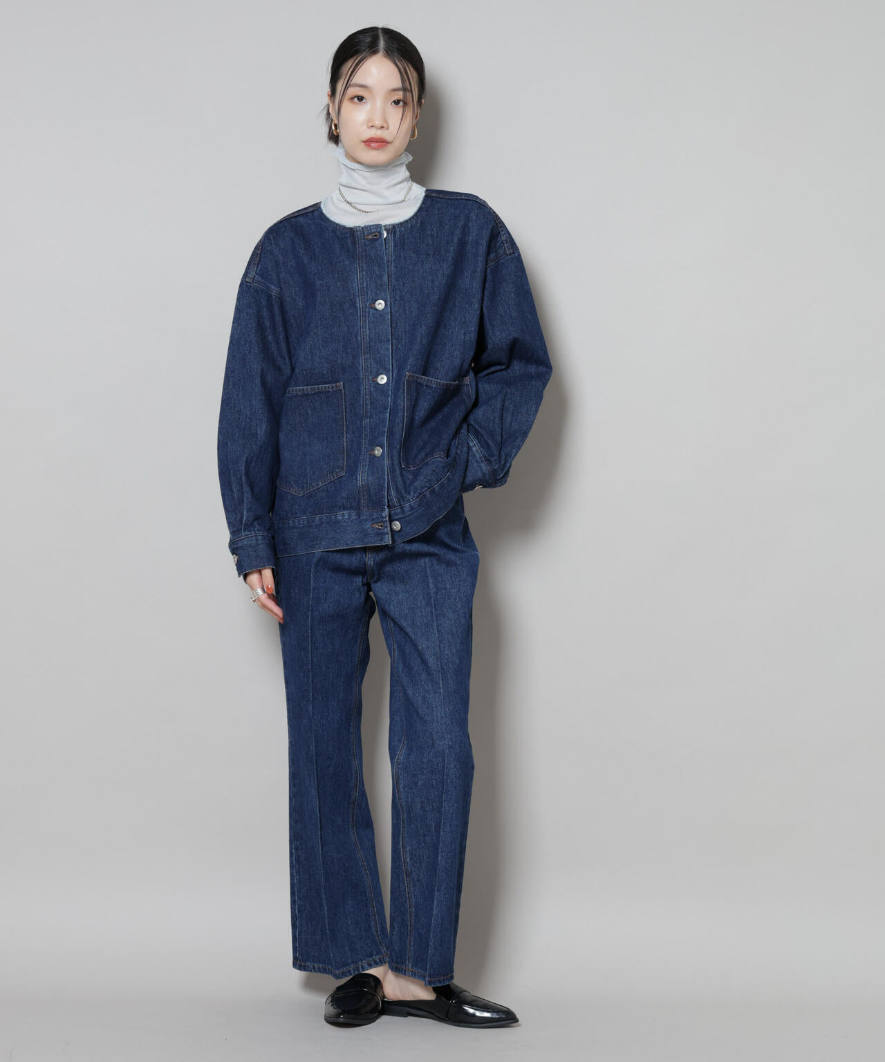 ノーカラー デニム ジャケット