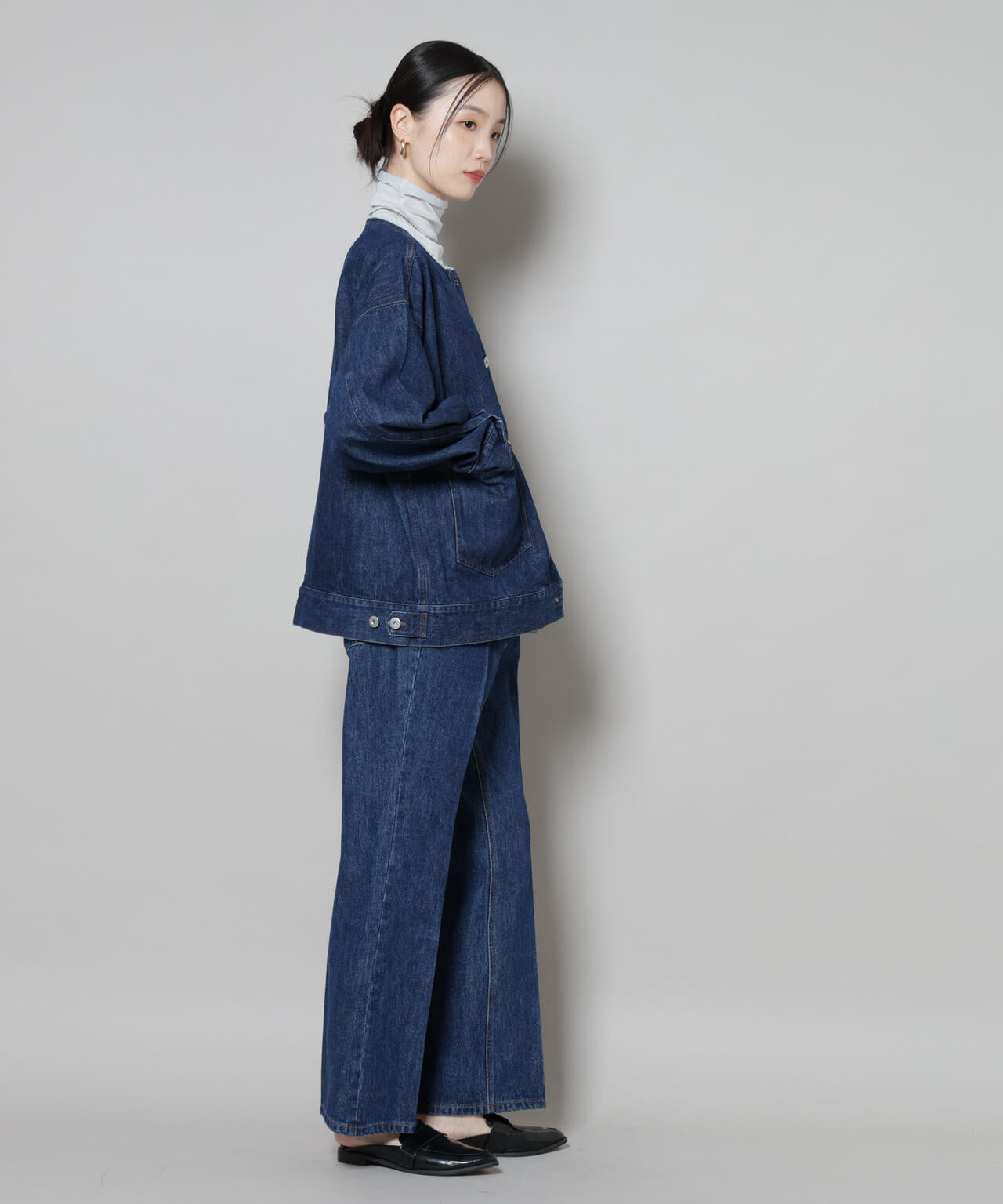 ノーカラー デニム ジャケット