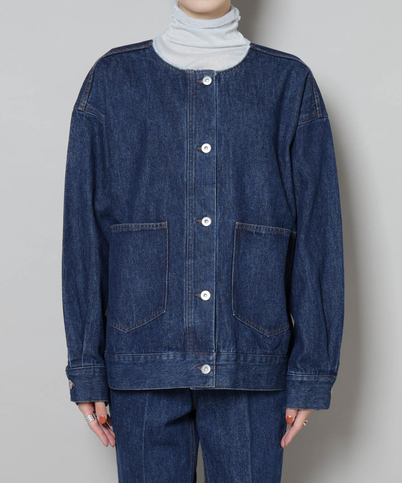 ノーカラー デニム ジャケット