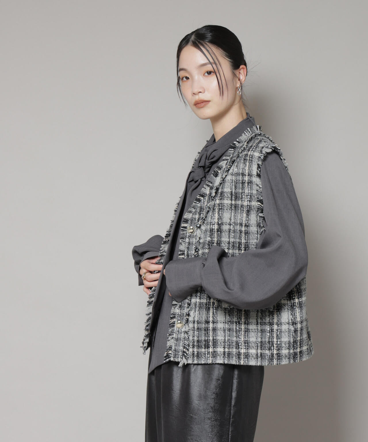 チェック フリンジ 金ボタンジレ ( セットアップ 可)