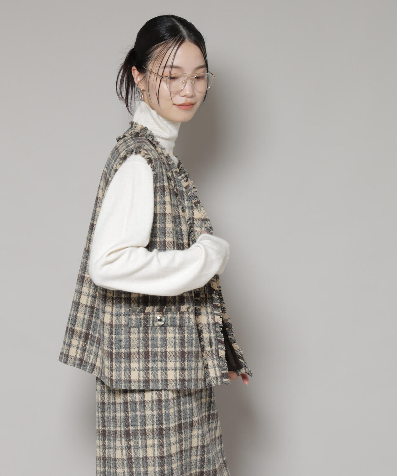 チェック フリンジ 金ボタンジレ ( セットアップ 可)