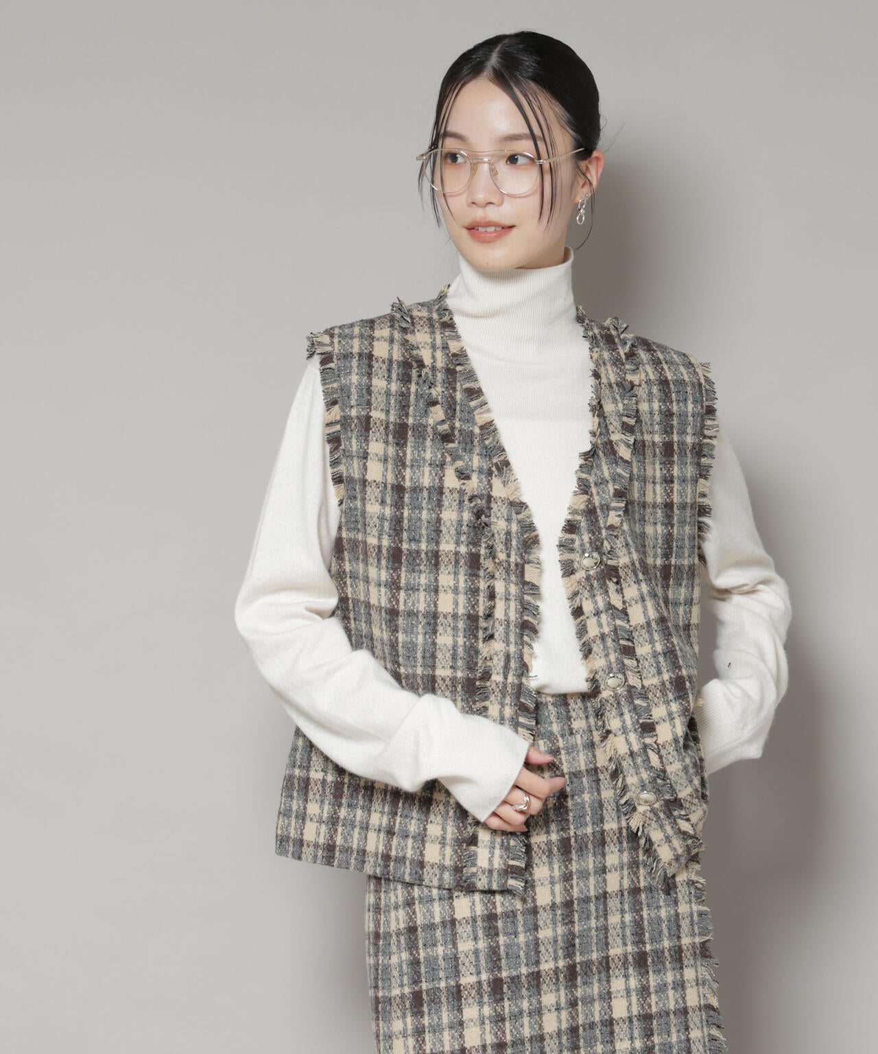 チェック フリンジ 金ボタンジレ ( セットアップ 可)