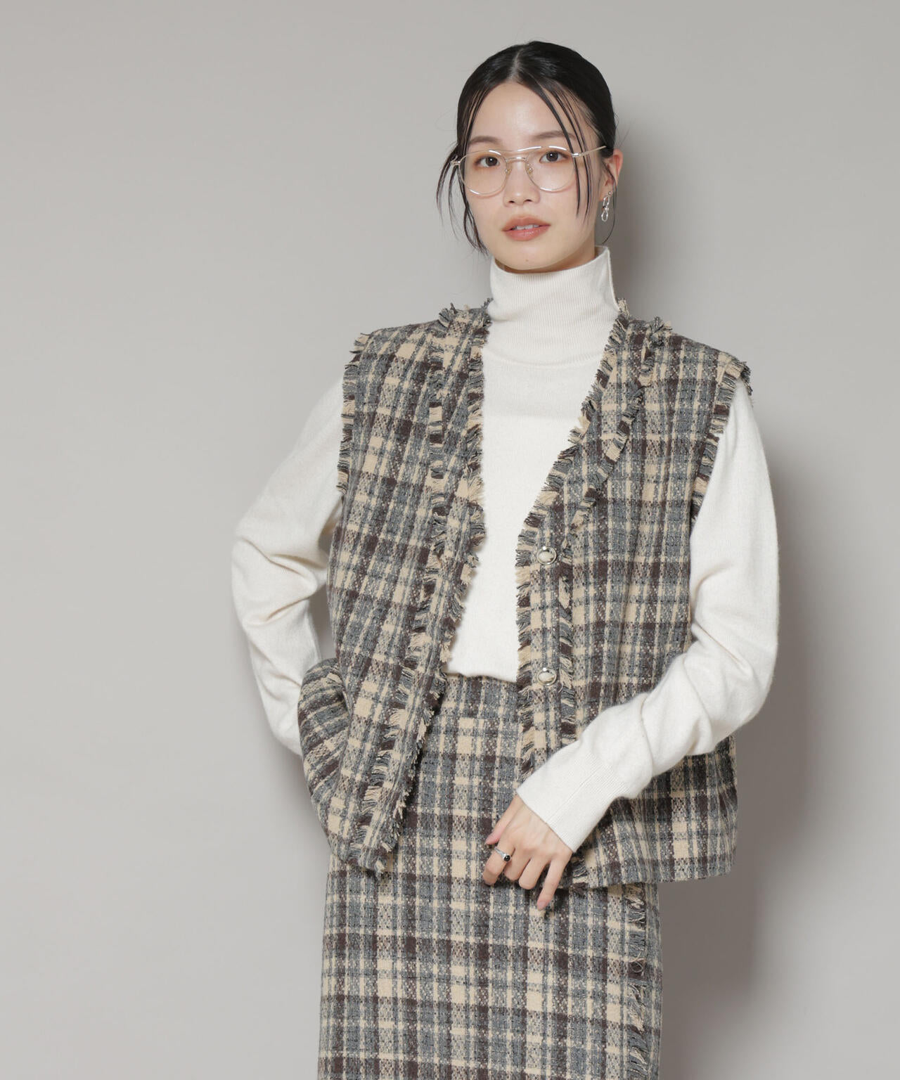 チェック フリンジ 金ボタンジレ ( セットアップ 可)