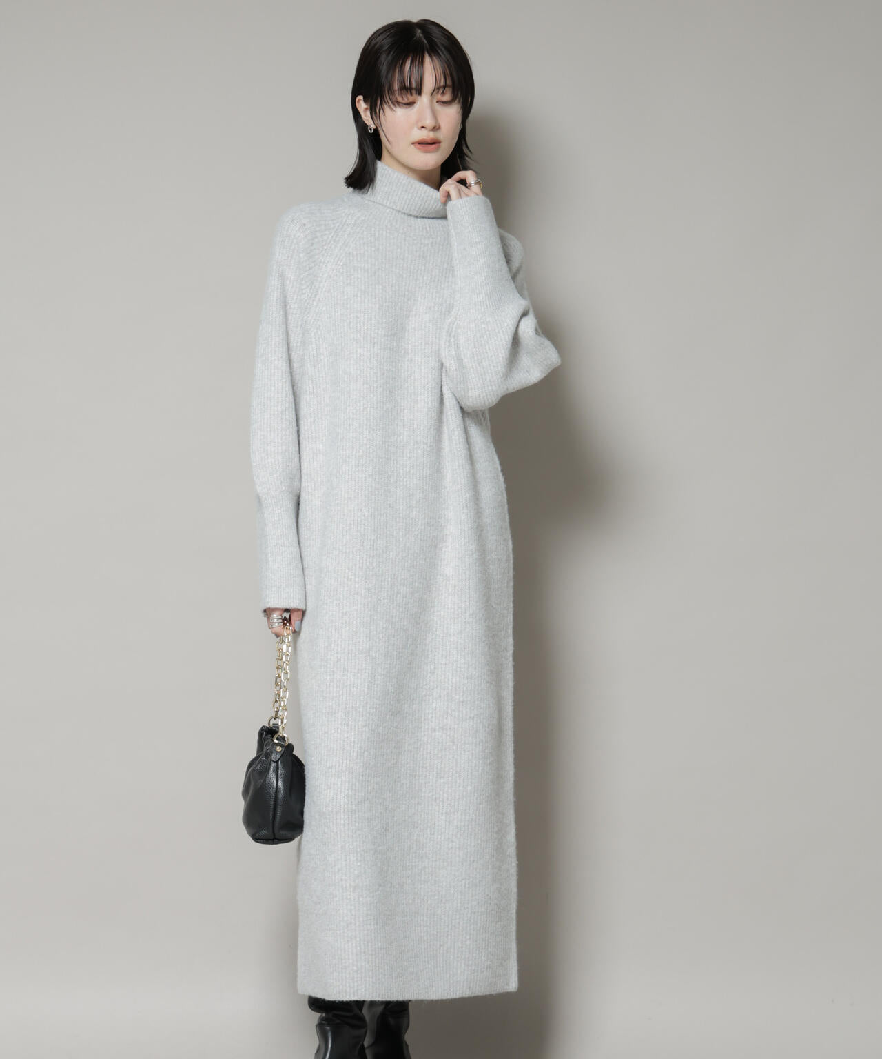 エアリーヤーン 畦編 タートル ニット マキシ ワンピース