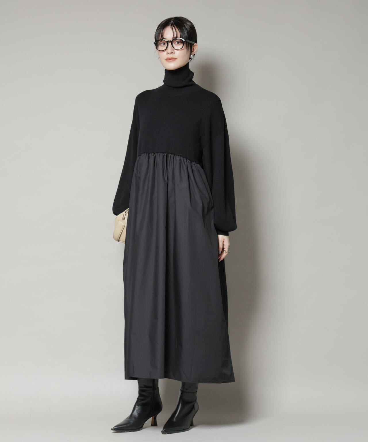 異素材 コンビ ドッキング タートル ワンピース