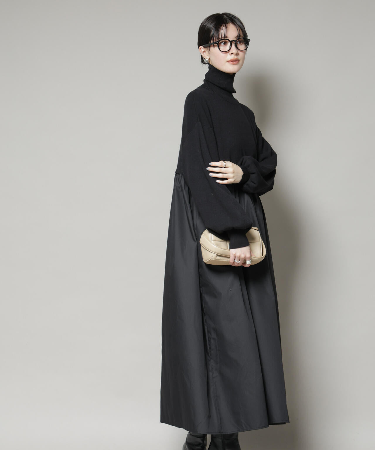 異素材 コンビ ドッキング タートル ワンピース