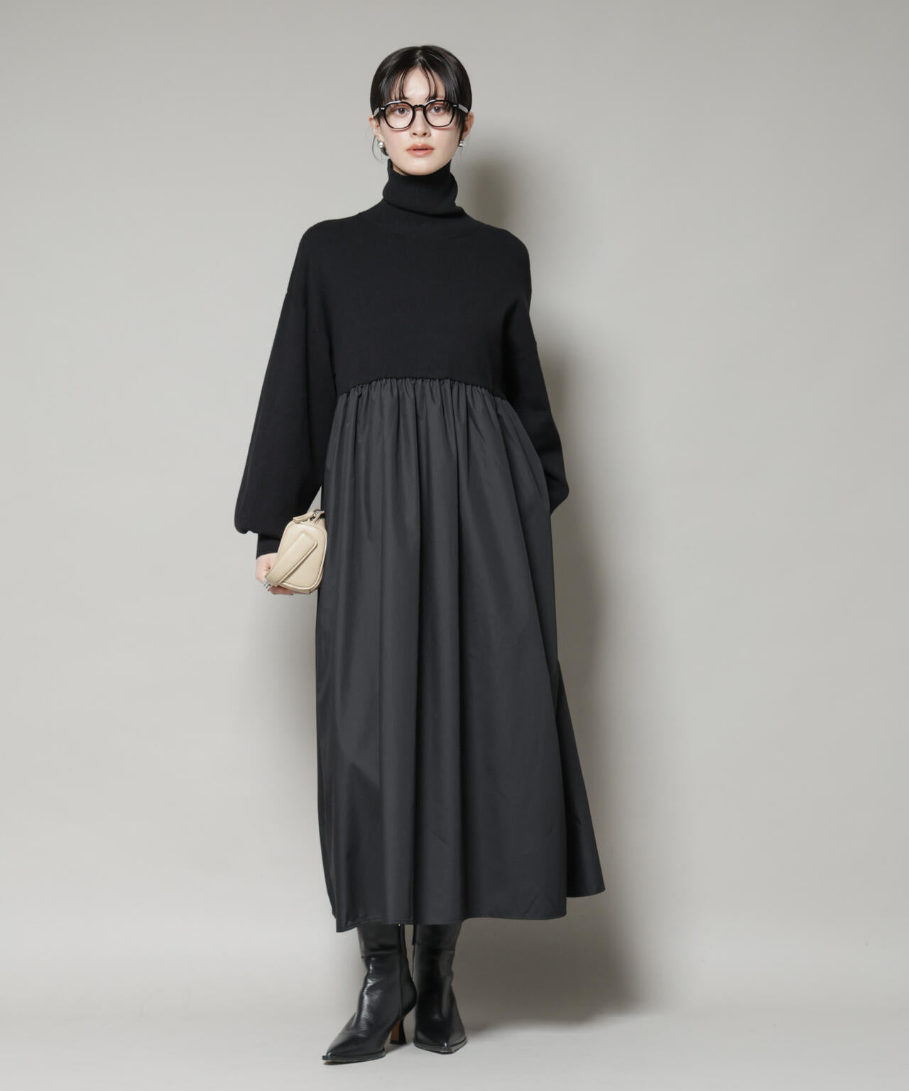 異素材 コンビ ドッキング タートル ワンピース