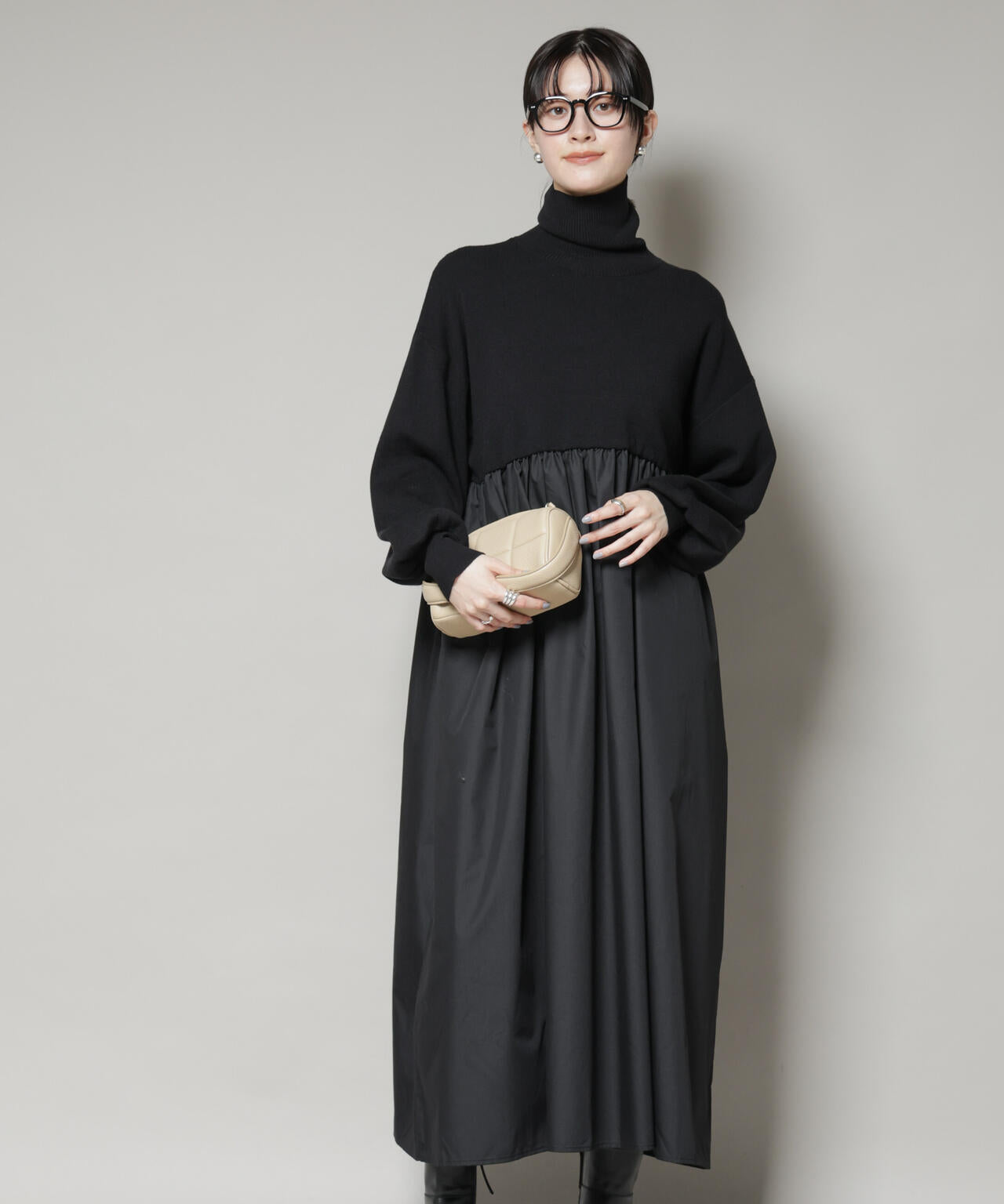 異素材 コンビ ドッキング タートル ワンピース