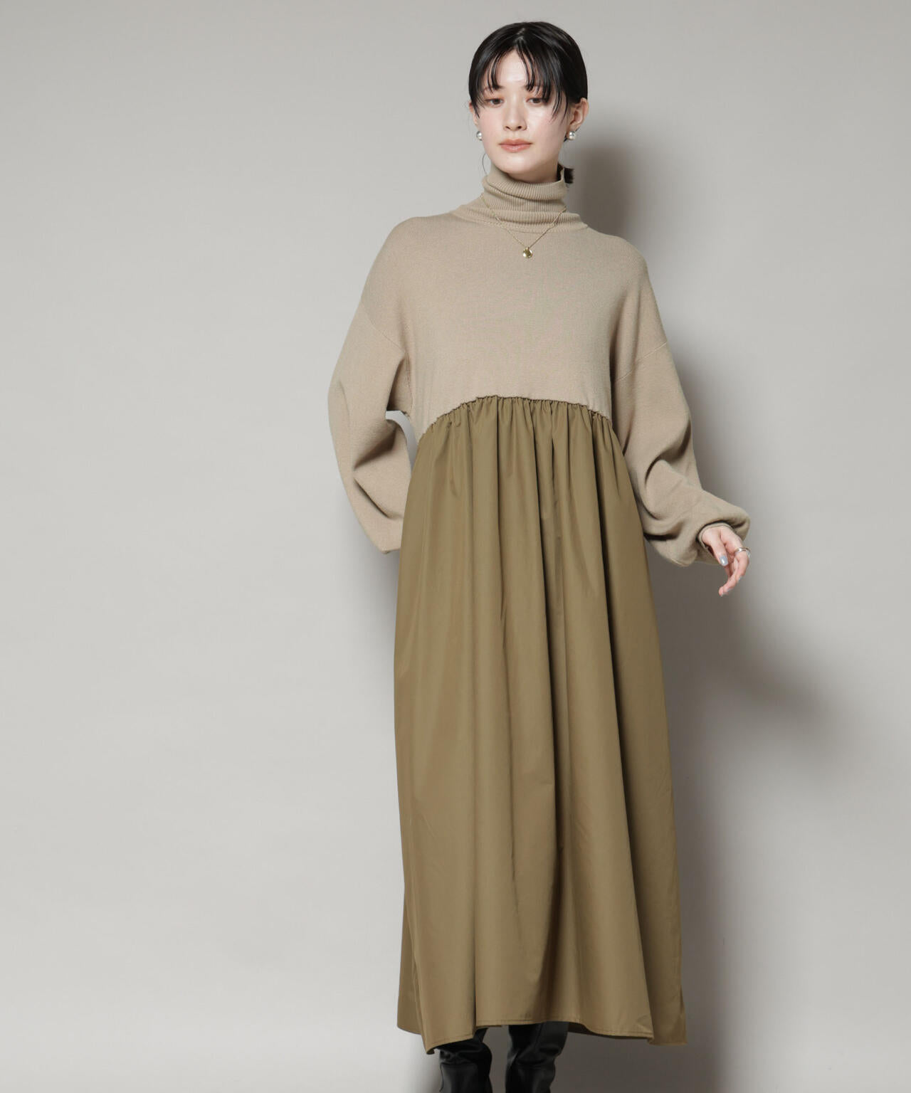 異素材 コンビ ドッキング タートル ワンピース