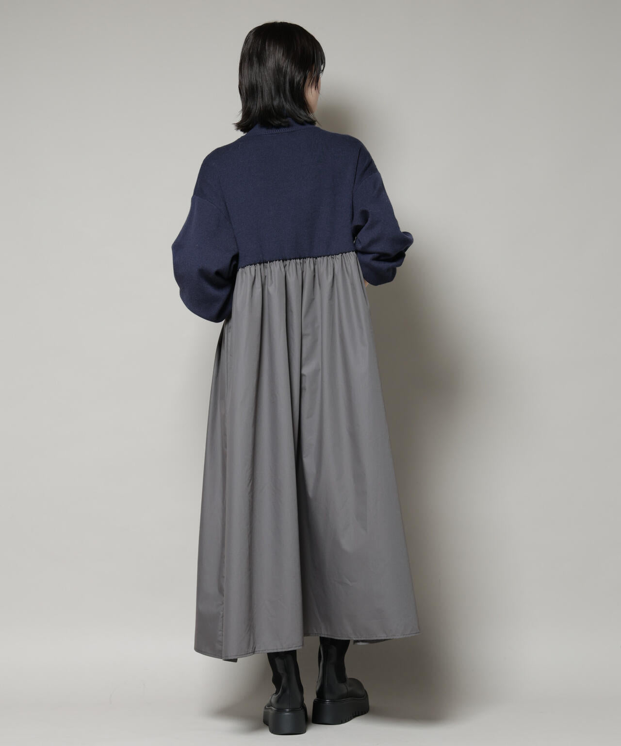 4785 インゲボルグドッキングワンピース ニット 異素材ミックス　黒白　F 異素材 コンビ ドッキング タートル ワンピース