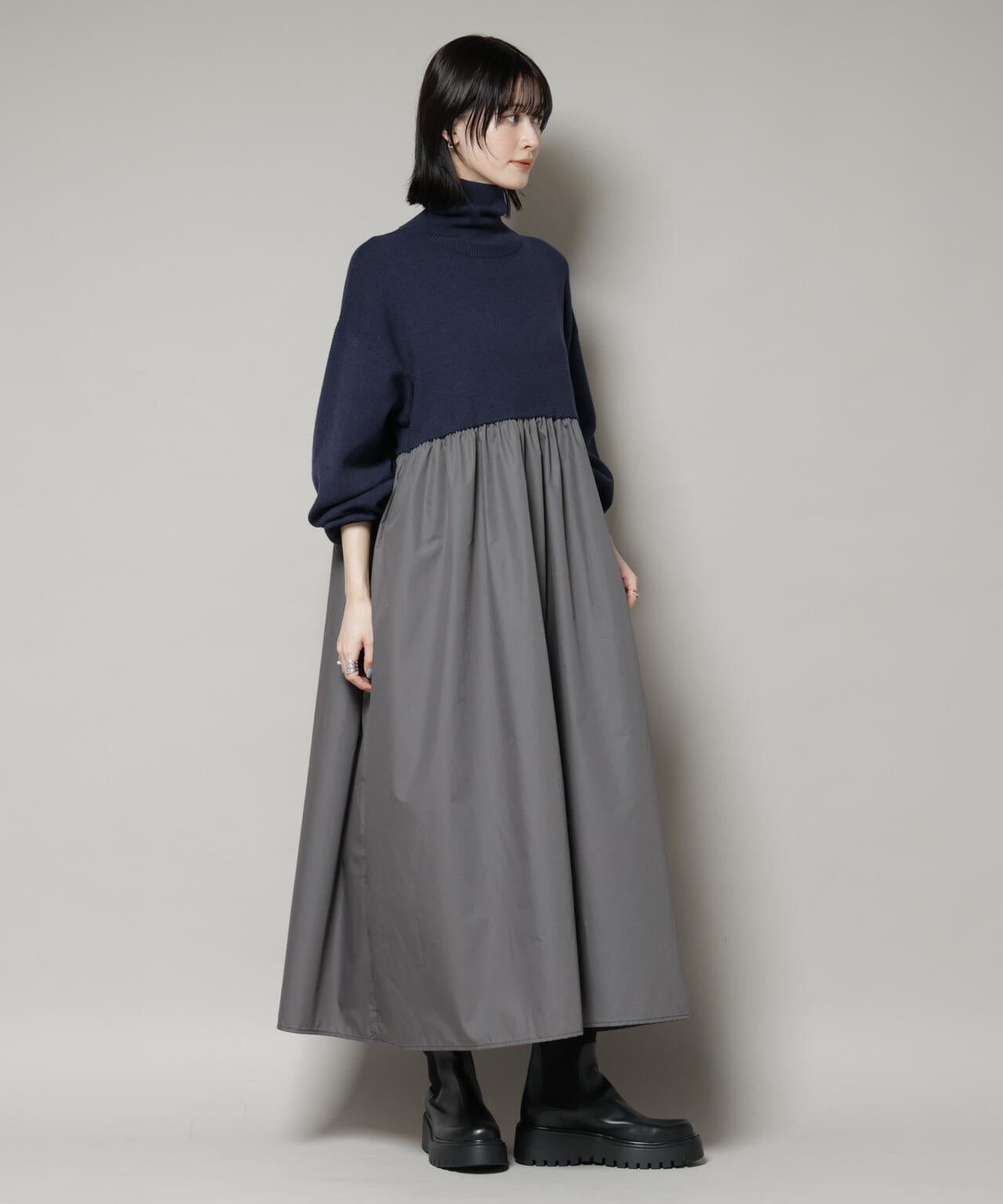 4785 インゲボルグドッキングワンピース ニット 異素材ミックス　黒白　F 異素材 コンビ ドッキング タートル ワンピース