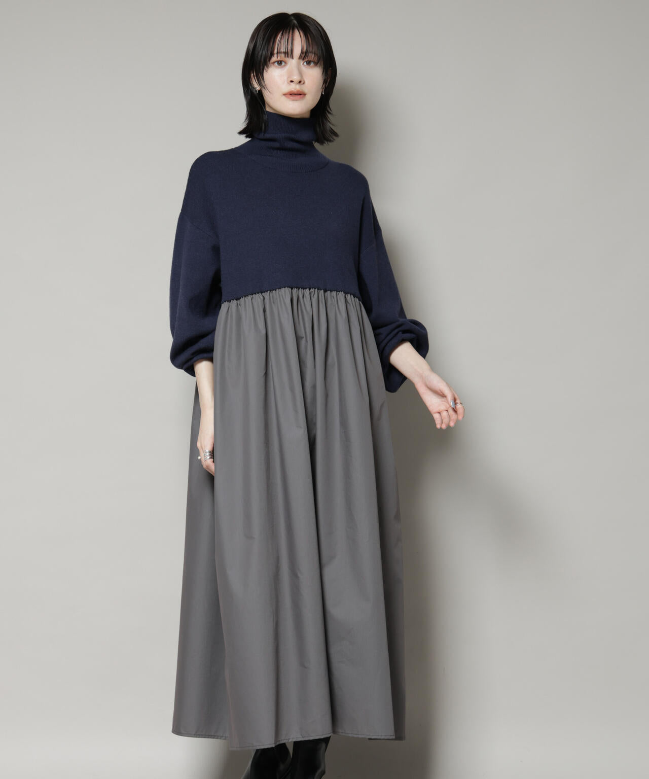 4785 インゲボルグドッキングワンピース ニット 異素材ミックス　黒白　F 4785 インゲボルグドッキングワンピース ニット 異素材ミックス