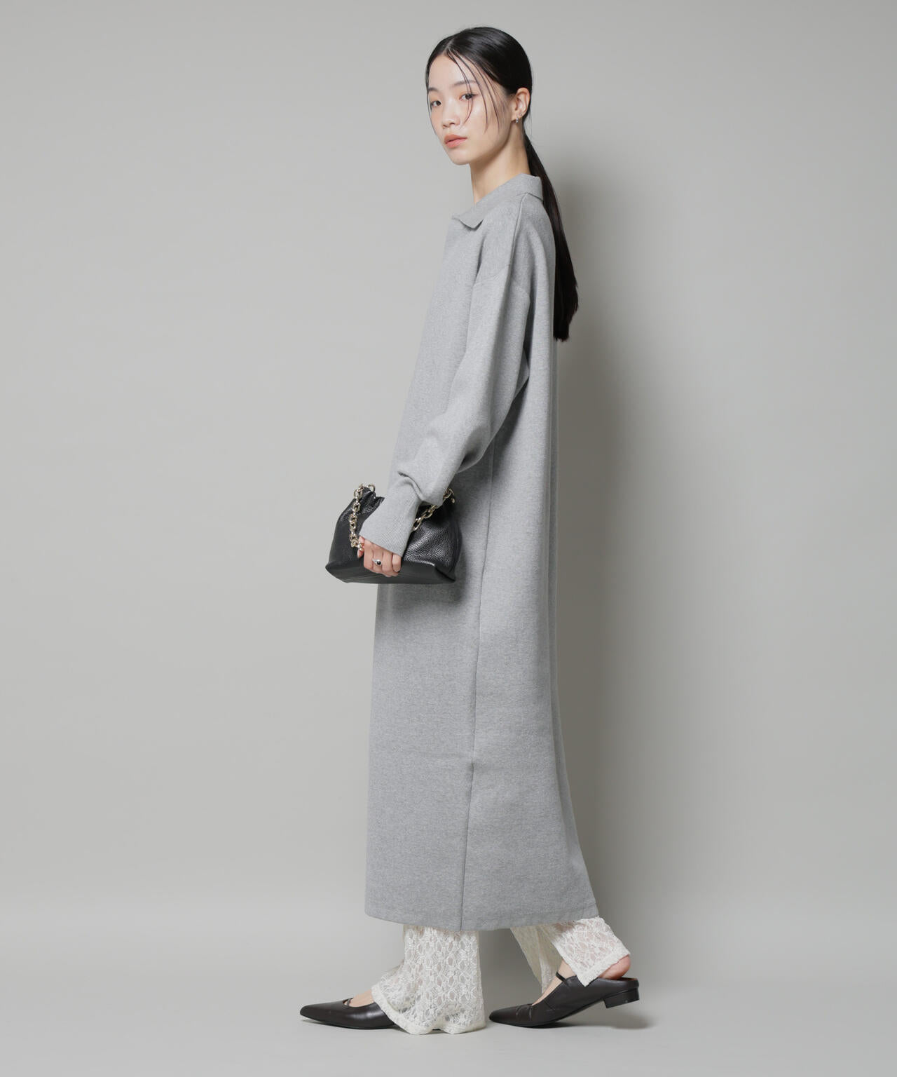 スウェットライク 衿付き スキッパー ニット ワンピース