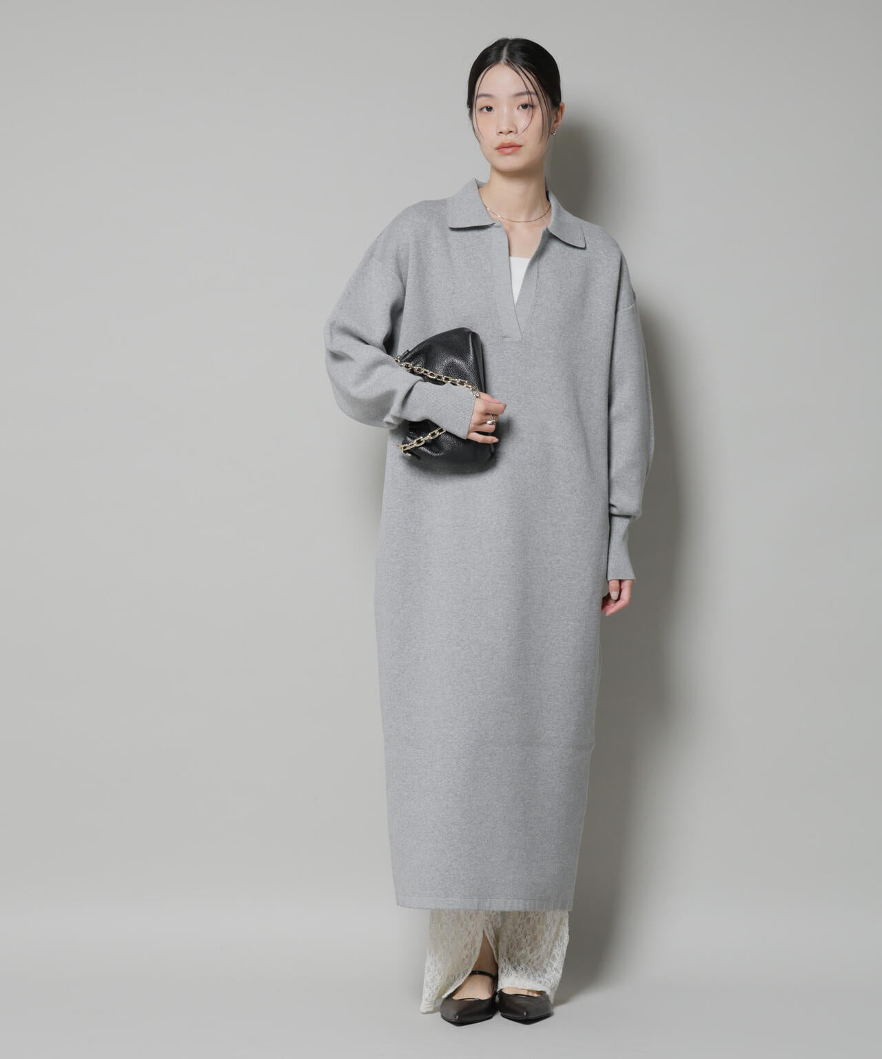 スウェットライク 衿付き スキッパー ニット ワンピース