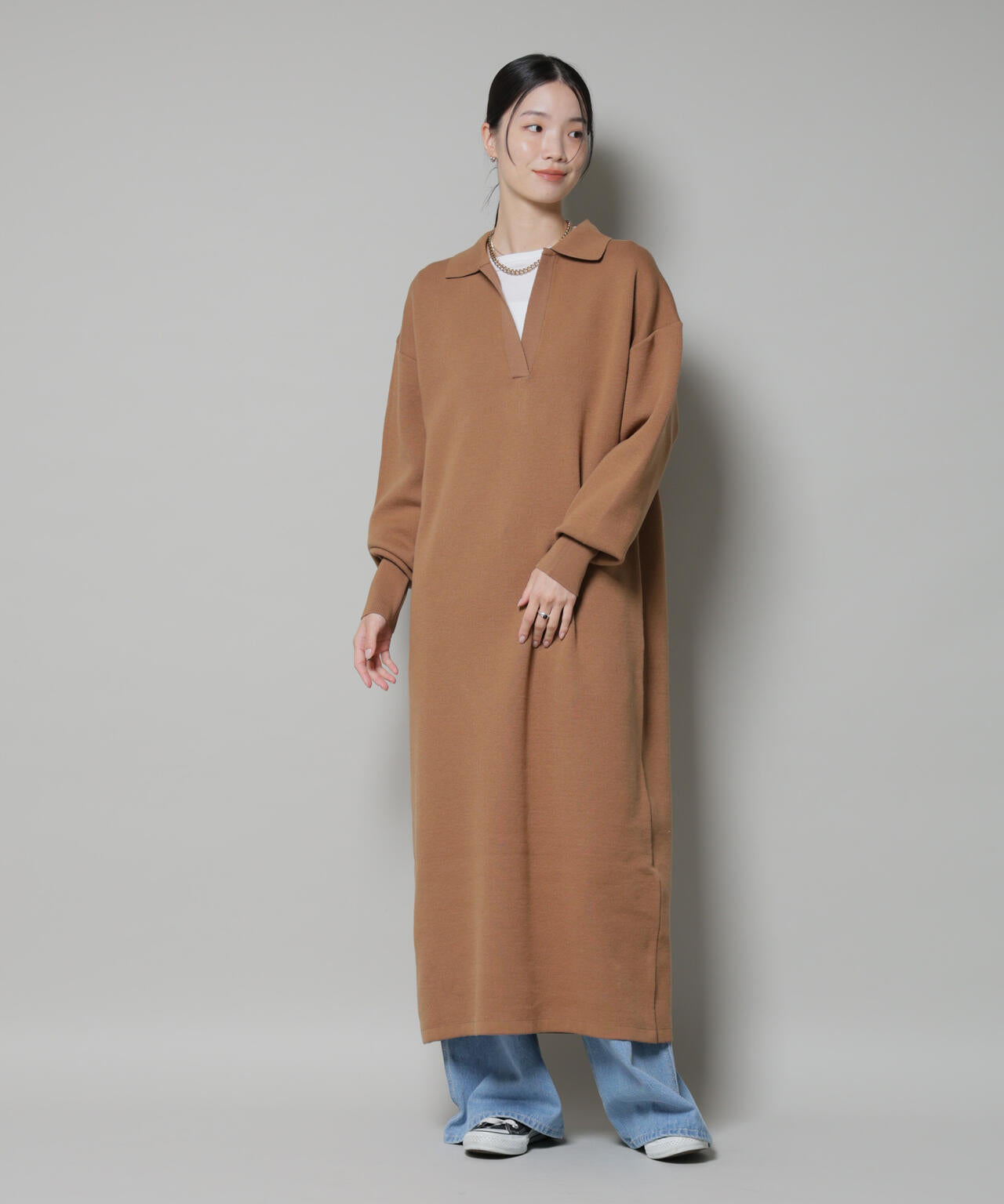 スウェットライク 衿付き スキッパー ニット ワンピース