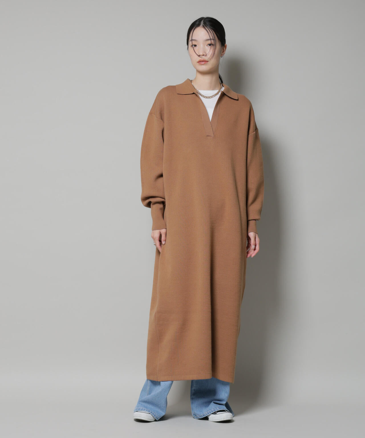 スウェットライク 衿付き スキッパー ニット ワンピース