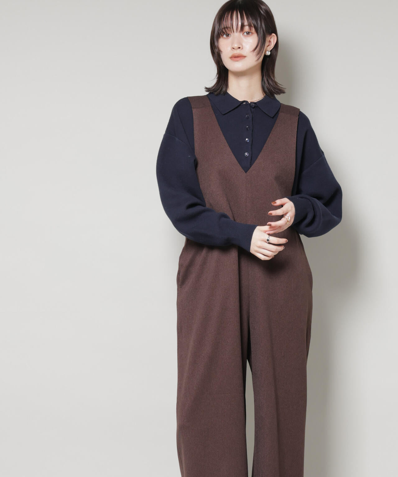 Vネック オールインワン