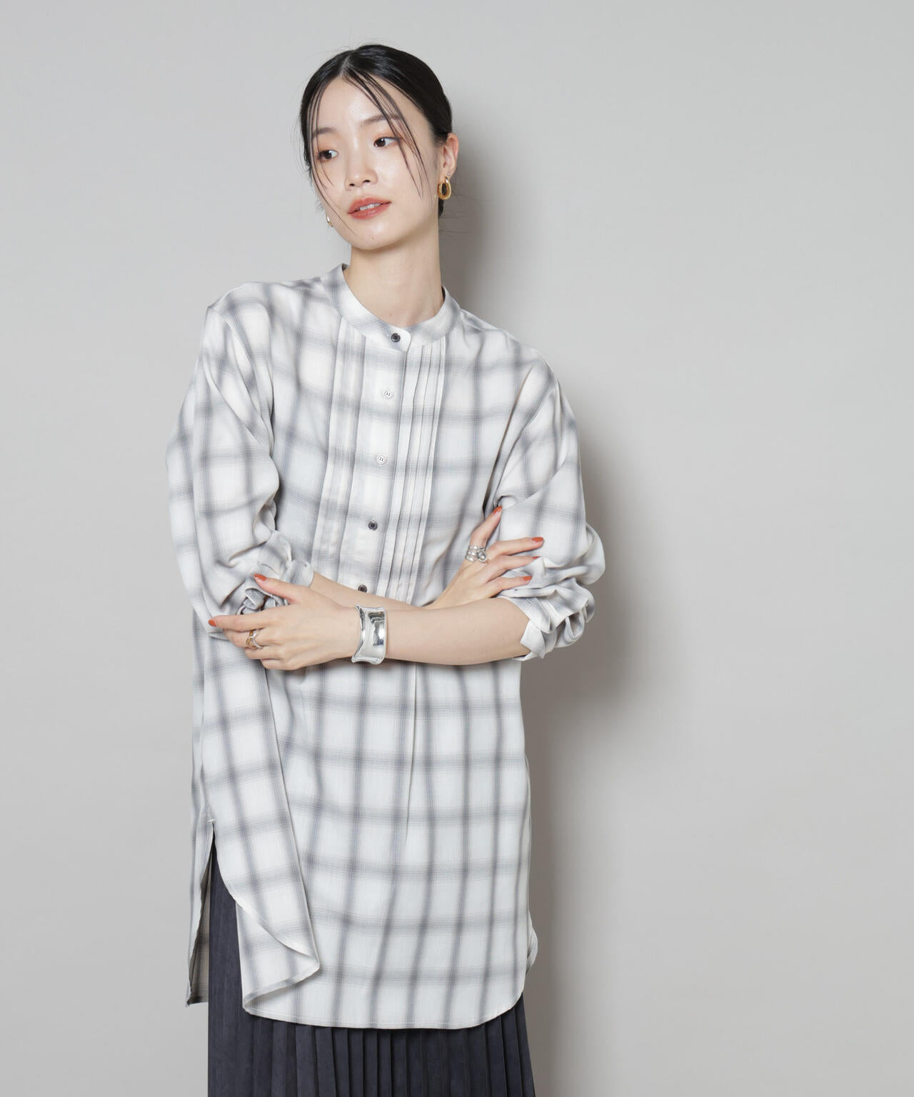 在庫確認ちゅう ピンタック デザインチェック プルオーバー ブラウス