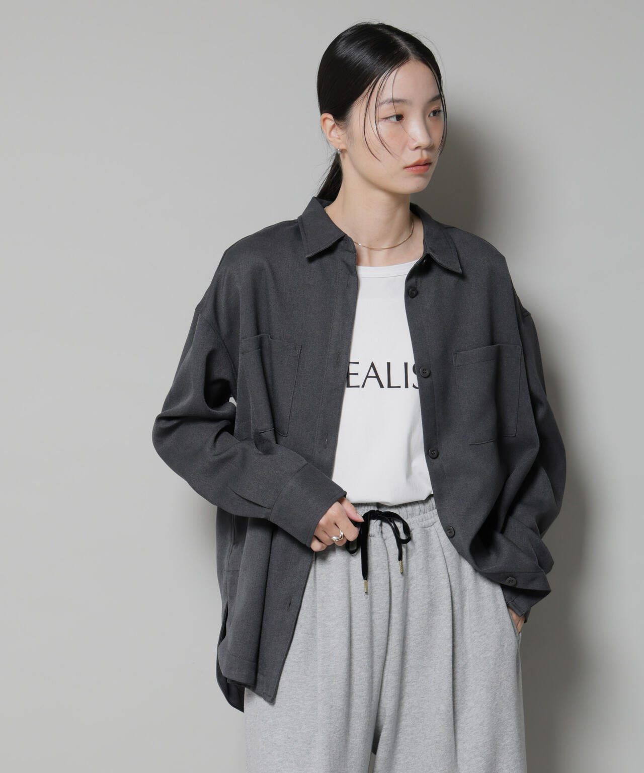 ウール ライク ポリエステル ワイド シルエット シャツ ( セットアップ 可)