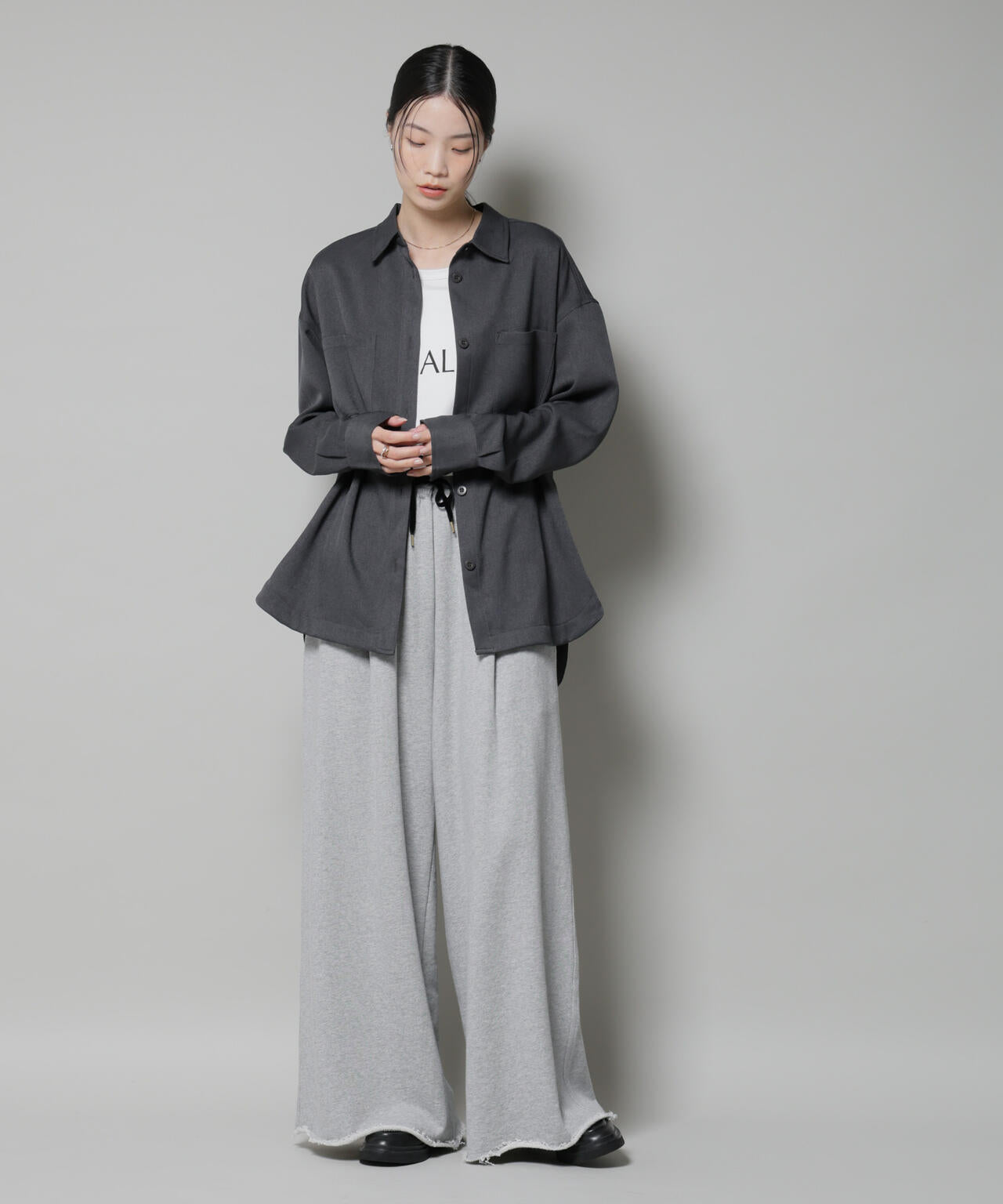 ウール ライク ポリエステル ワイド シルエット シャツ ( セットアップ 可)