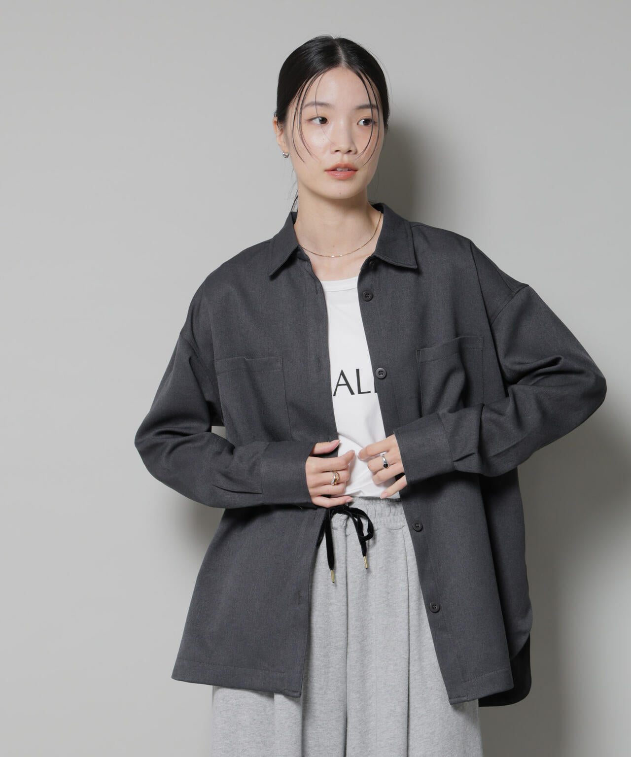 ウール ライク ポリエステル ワイド シルエット シャツ ( セットアップ 可)